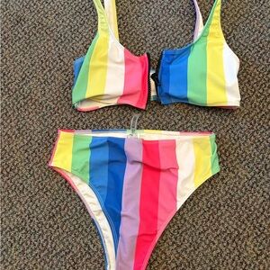 Forever 21 Pink and Yellow Bikini Set Sporty High-Waisted
